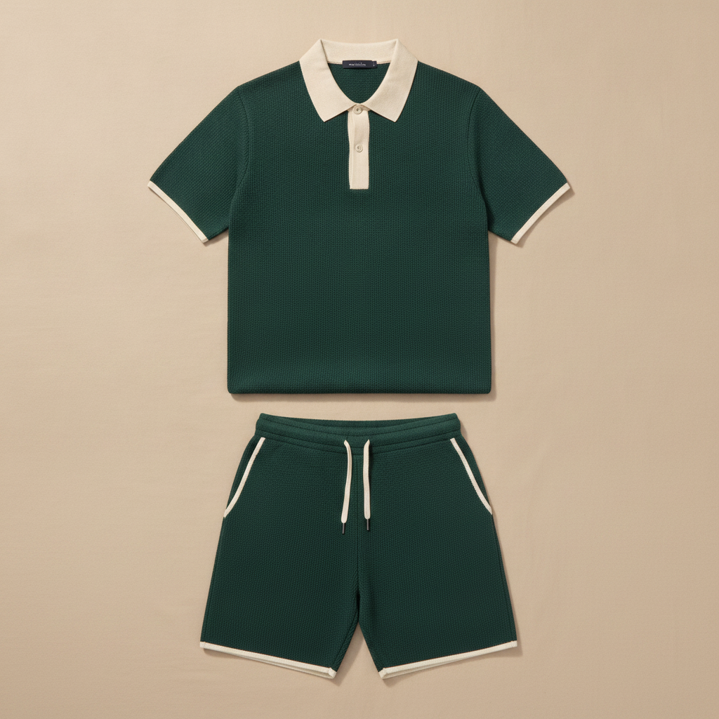 Completo Coordinato Uomo Polo Bicolore e Pantaloncini - Verde e Beige