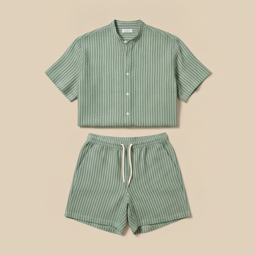 Completo Coordinato Uomo Camicia Lino Gessato e Pantaloncini - Verde Righe Bianche