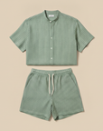 Completo Coordinato Uomo Camicia Lino Gessato e Pantaloncini - Verde Righe Bianche