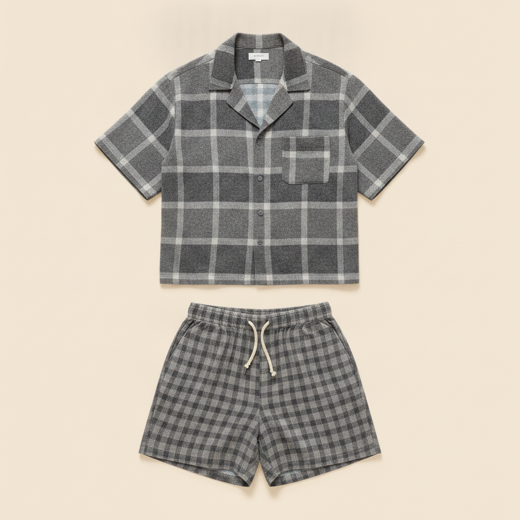 Completo Coordinato Uomo Camicia Tartan Estivo e Pantaloncini - Tartan Grigio