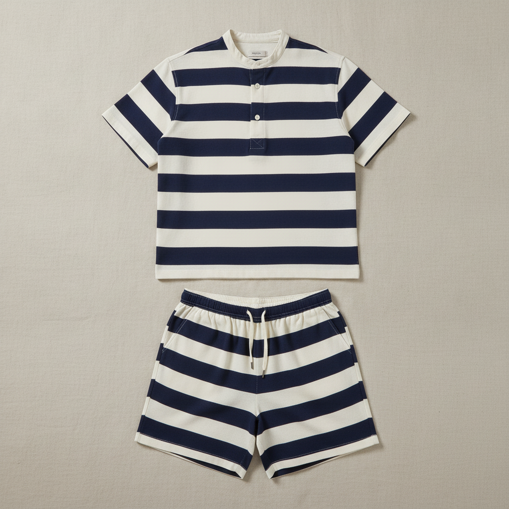 Completo Coordinato Uomo Camicia Righe Bayadère e Pantaloncini - Navy e Bianco