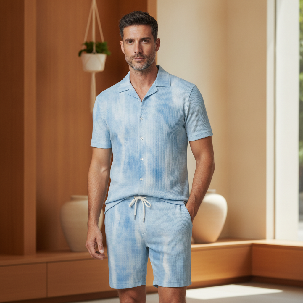 Completo Coordinato Uomo Camicia Acquerello e Pantaloncini - Acquerello Blu - indossato
