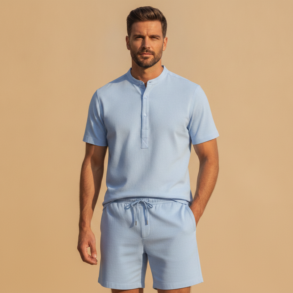 Completo Coordinato Uomo Camicia Popover e Pantaloncini - Azzurro - indossato