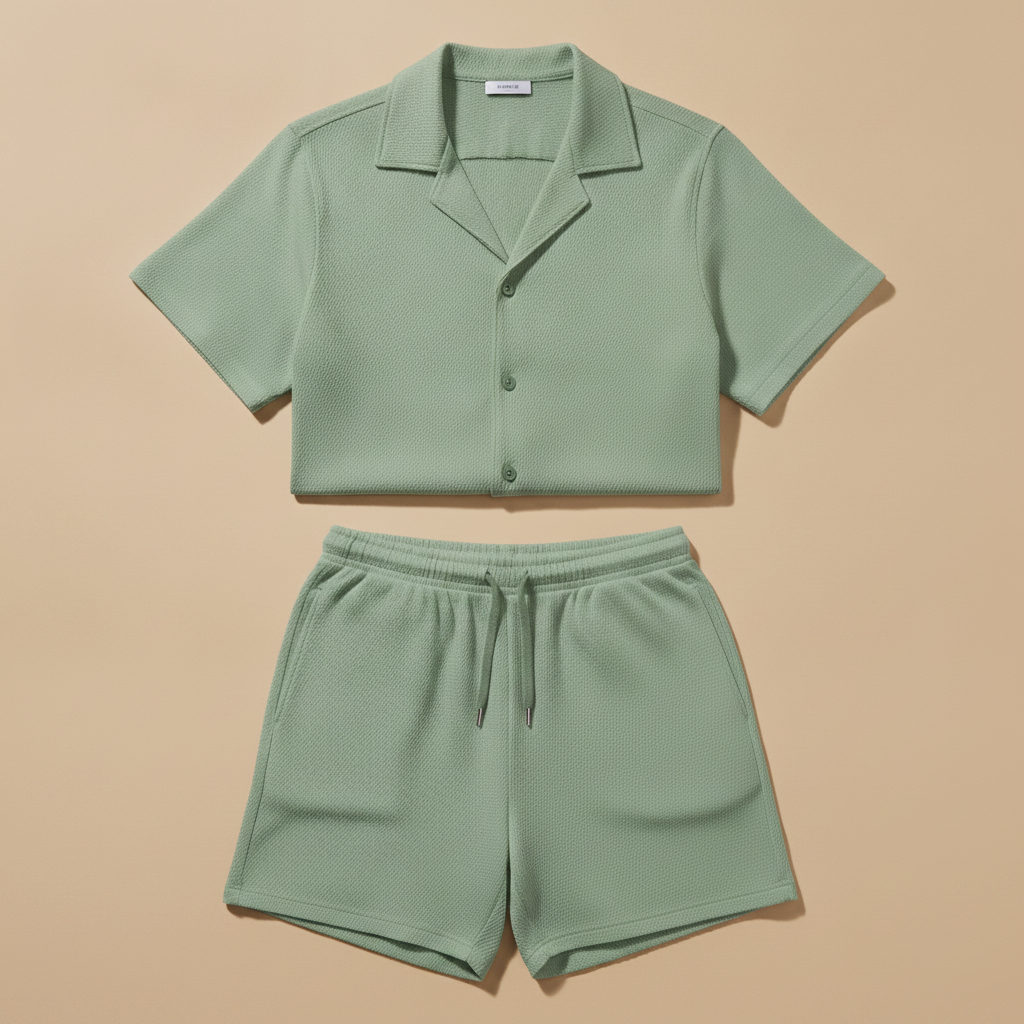 Completo Coordinato Uomo Colletto Camp – Camicia e Pantaloncini Estivi - Verde Salvia