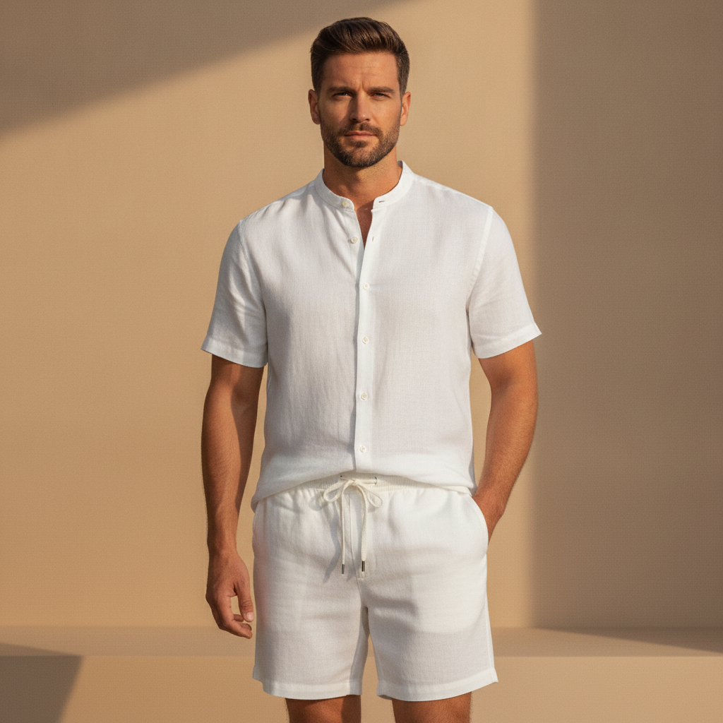 Completo Coordinato Uomo Camicia Voile Leggera e Pantaloncini - Bianco - indossato
