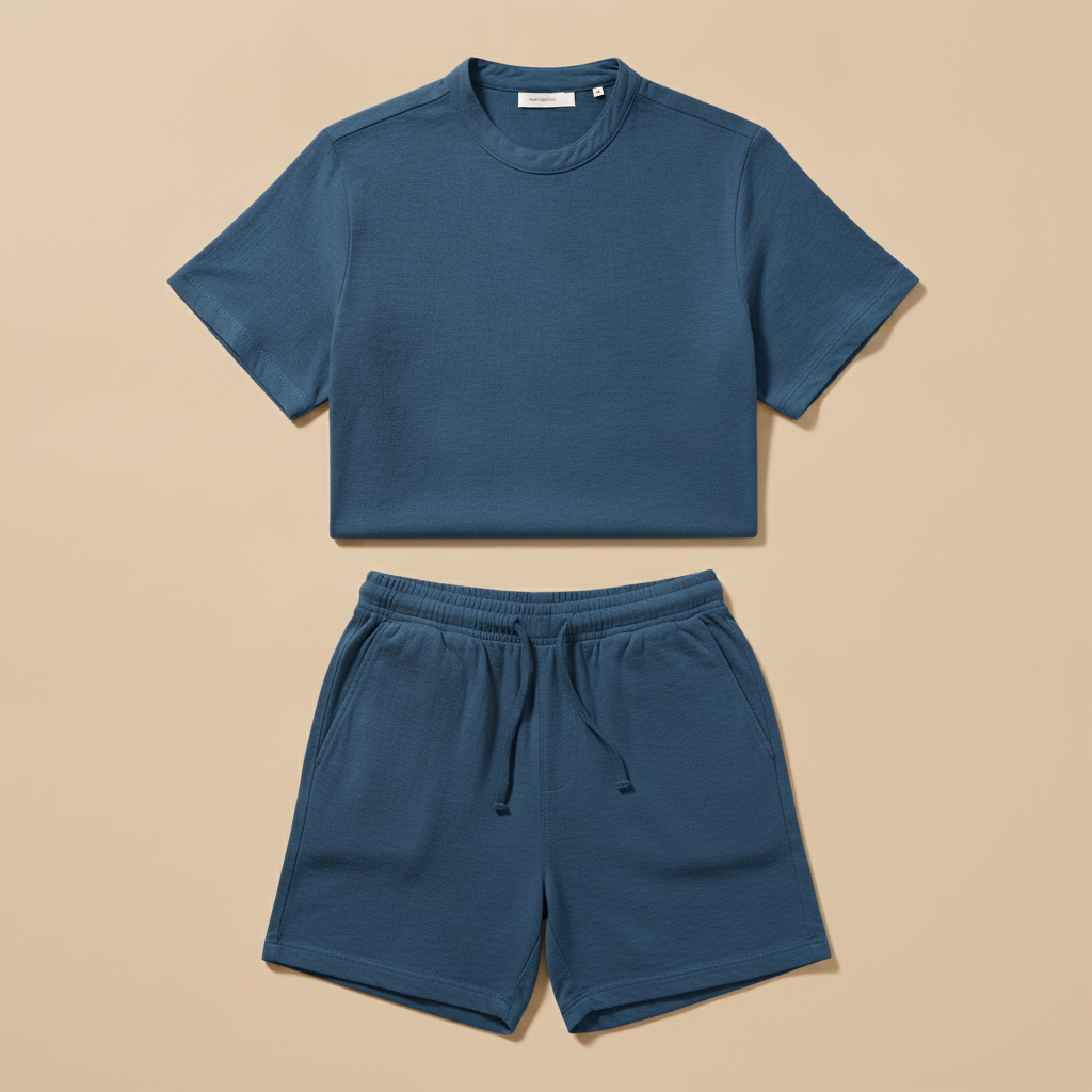 Completo Coordinato Uomo Camicia Slub e Pantaloncini - Blu Petrolio