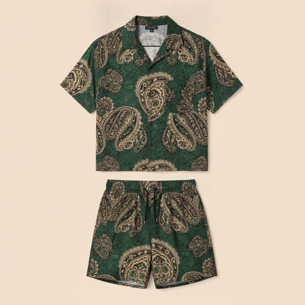 Completo Coordinato Uomo Camicia Paisley e Pantaloncini - Paisley Verde