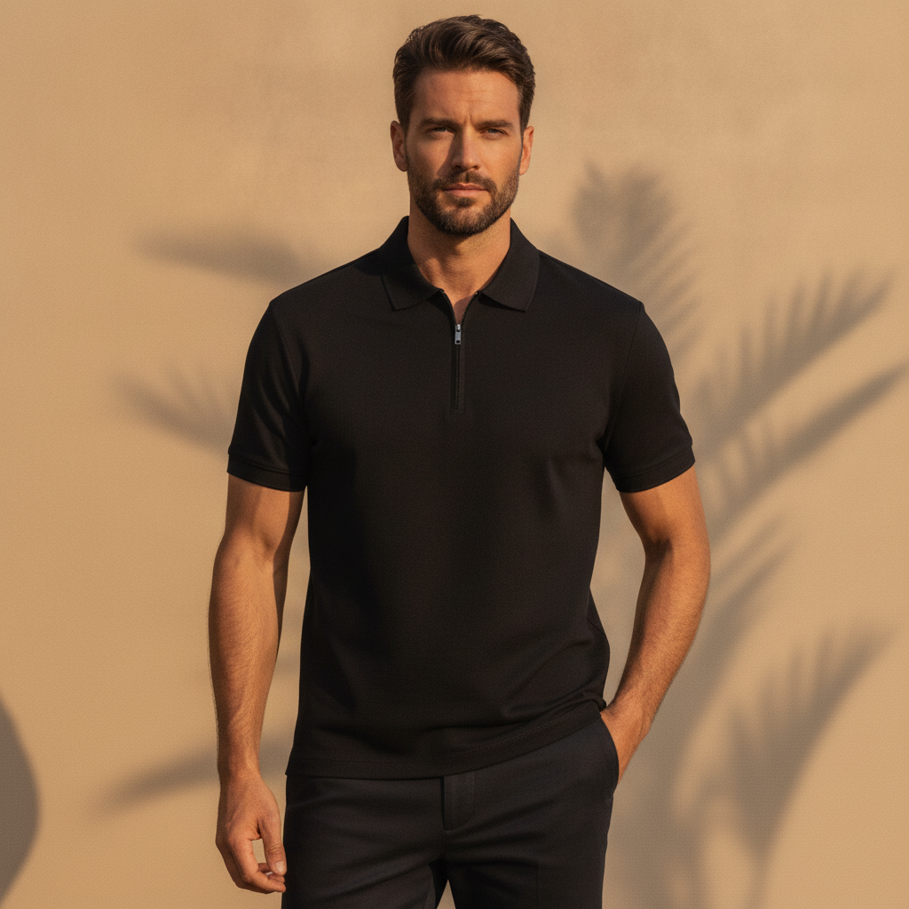 Polo Uomo Slim con Zip – Vestibilità Aderente e Moderna - Nero - indossato