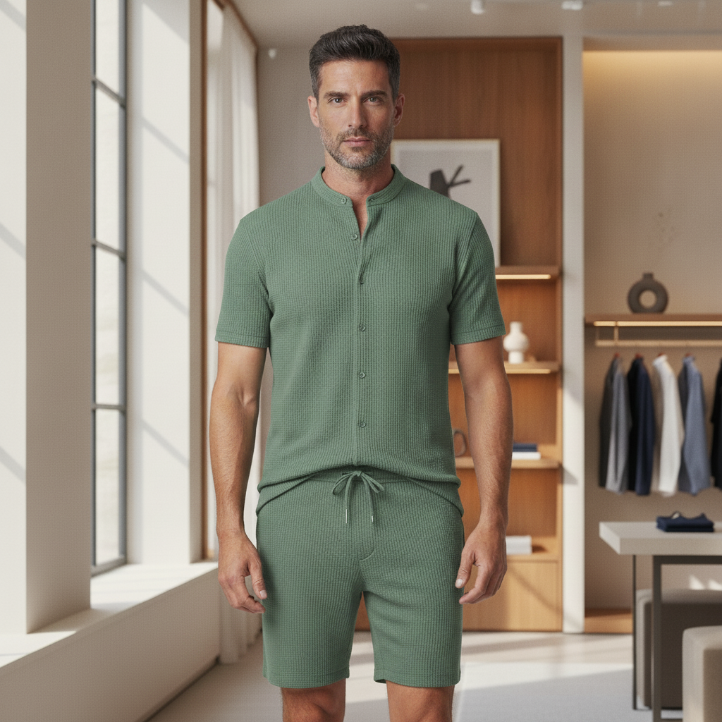 Completo Coordinato Uomo a Coste – Camicia Colletto Coreana e Pantaloncini - Verde Salvia Righe - indossato