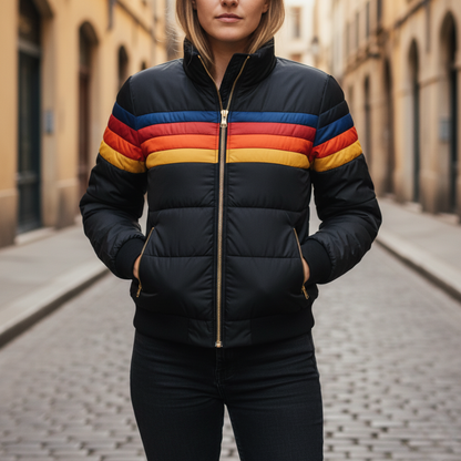 Piumino Donna Invernale Imbottito con Cappuccio e Righe