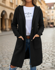 Cardigan donna lungo in maglia con cappuccio