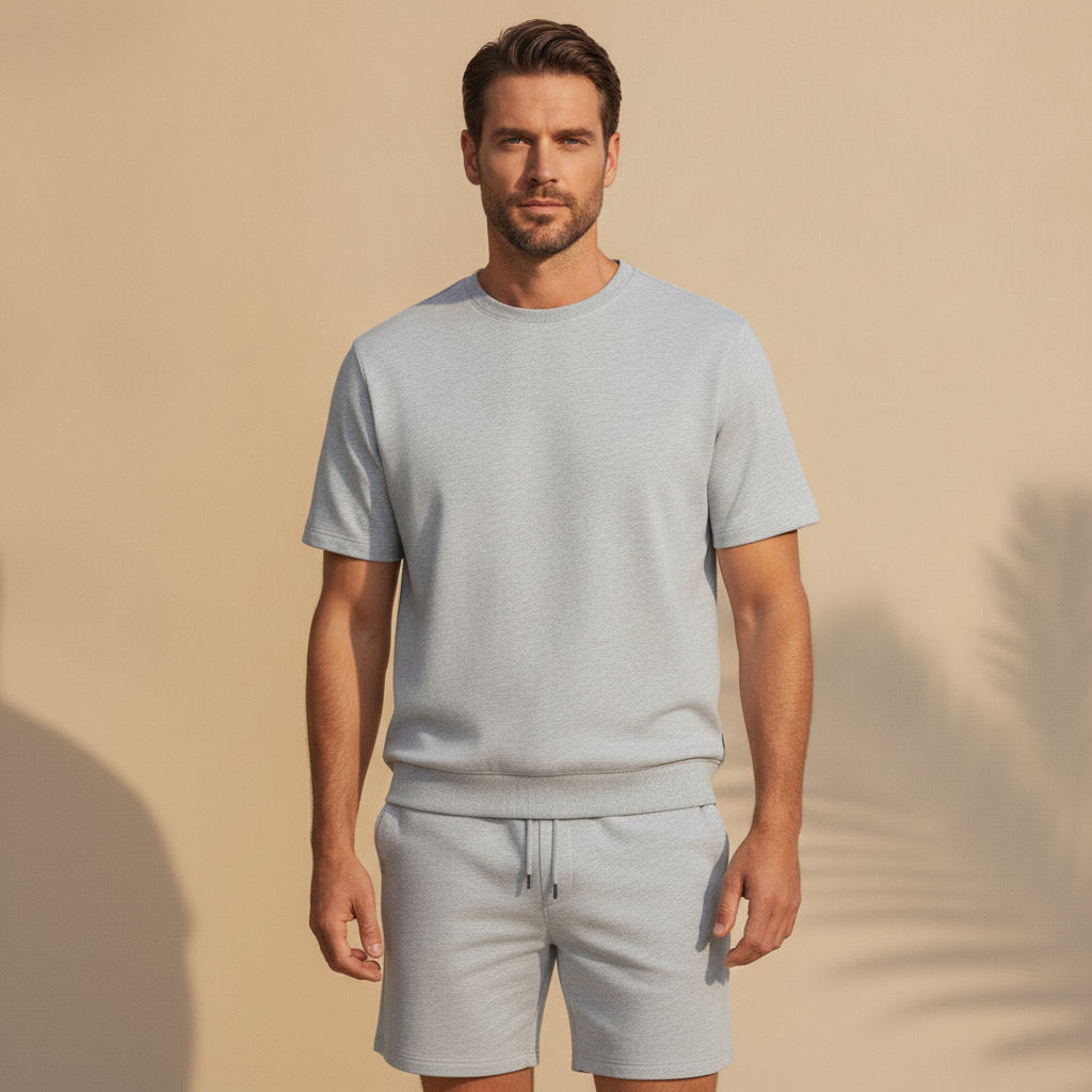 Completo Coordinato Uomo Felpa Leggera e Pantaloncini - Grigio Melange - indossato