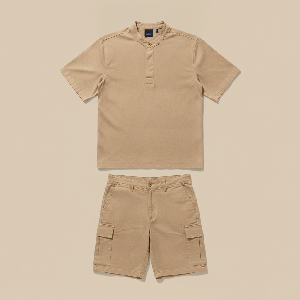 Completo Coordinato Uomo Camicia e Pantaloncini Cargo - Sabbia