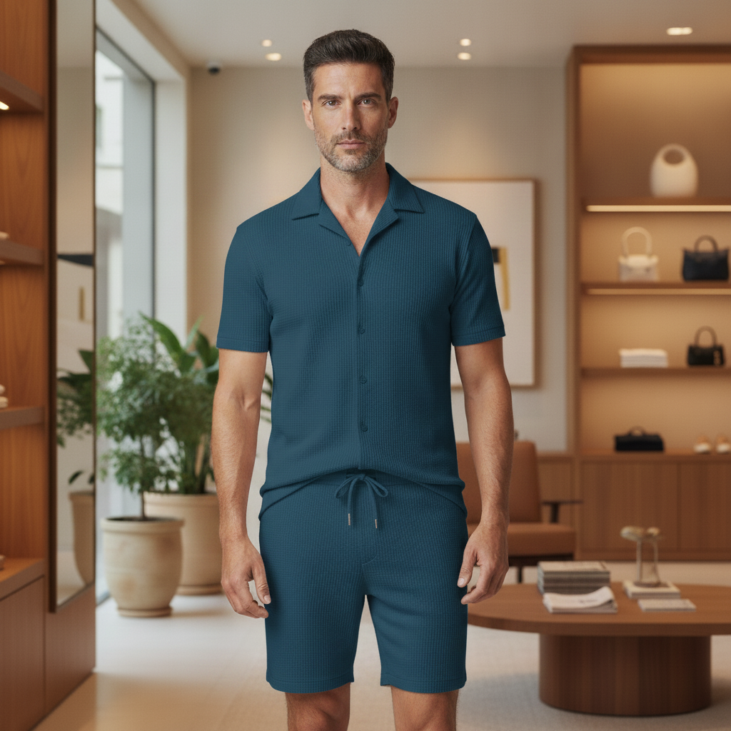 Completo Coordinato Uomo Camicia Bowling e Pantaloncini - Blu Petrolio - indossato
