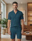 Completo Coordinato Uomo Camicia Bowling e Pantaloncini - Blu Petrolio - indossato