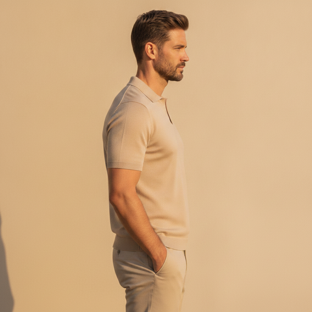 Polo Uomo con Colletto Johnny – Chiusura Aperta Casual Chic - vista laterale