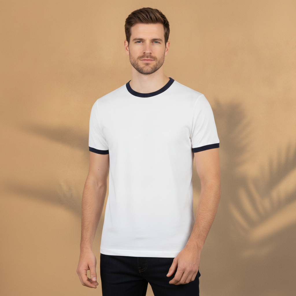 T-shirt Uomo con Bordi a Contrasto – Stile Ringer Rétro - Bianco con Navy - indossato