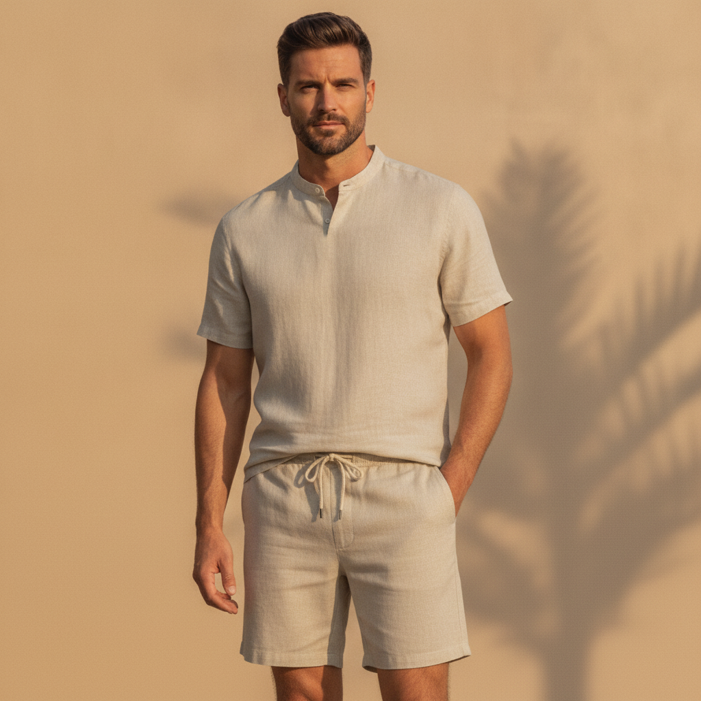 Completo Coordinato Uomo Colletto Coreana in Lino e Pantaloncini - Beige Naturale - indossato