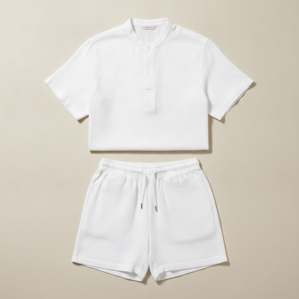 Completo Coordinato Uomo in Ramié Naturale e Pantaloncini - Bianco