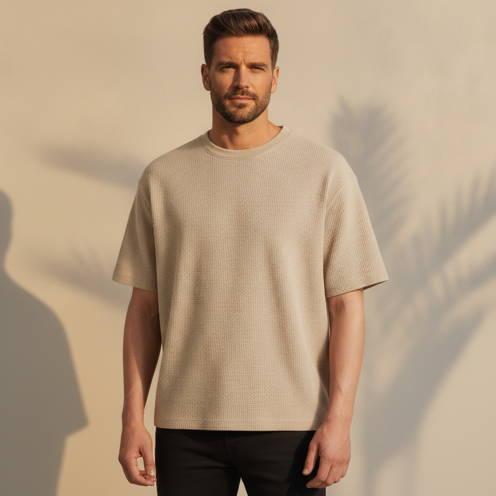 T-shirt Uomo Waffle Knit – Texture Nido d'Ape Elegante - Beige - indossato
