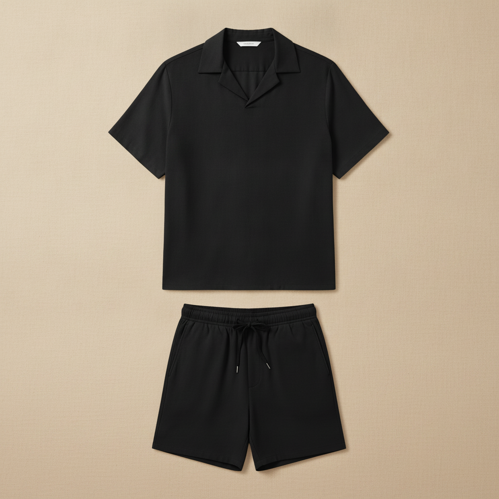 Completo Coordinato Uomo Camicia Tencel Fluida e Pantaloncini - Nero