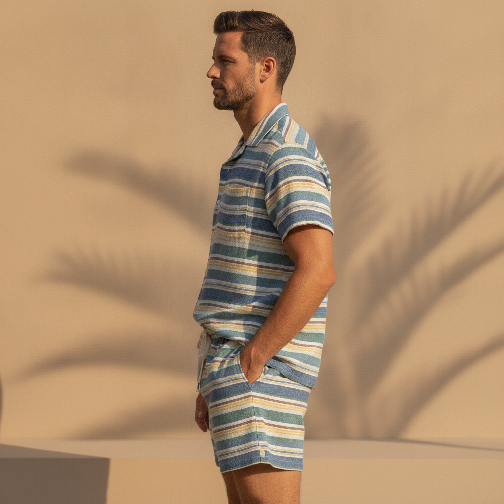 Completo Coordinato Uomo Camicia Righe Multicolor e Pantaloncini - vista laterale