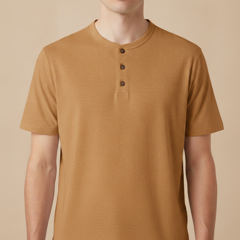 T-shirt Henley Uomo Manica Corta – Colletto con Bottoni Casual Chic - Cammello