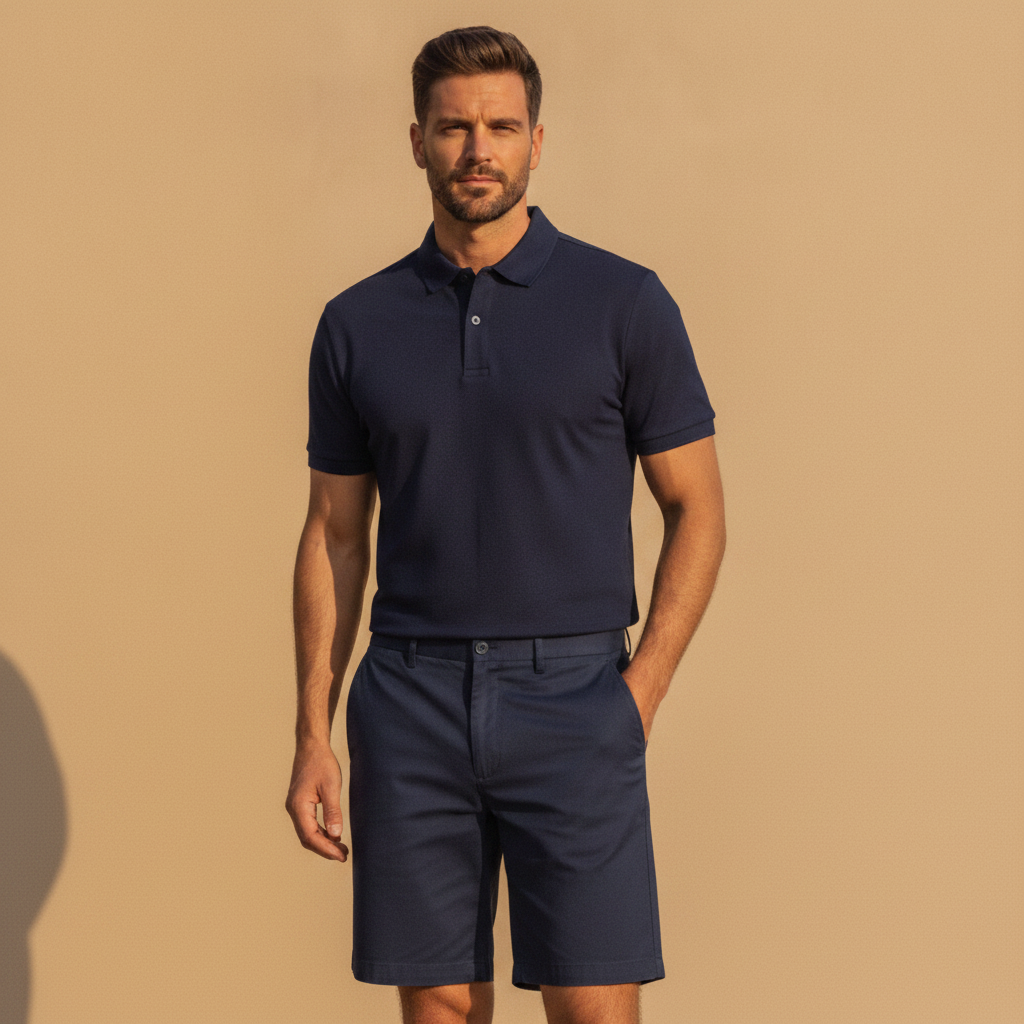 Completo Coordinato Uomo Polo Piqué e Bermuda Chino - Blu Navy - indossato