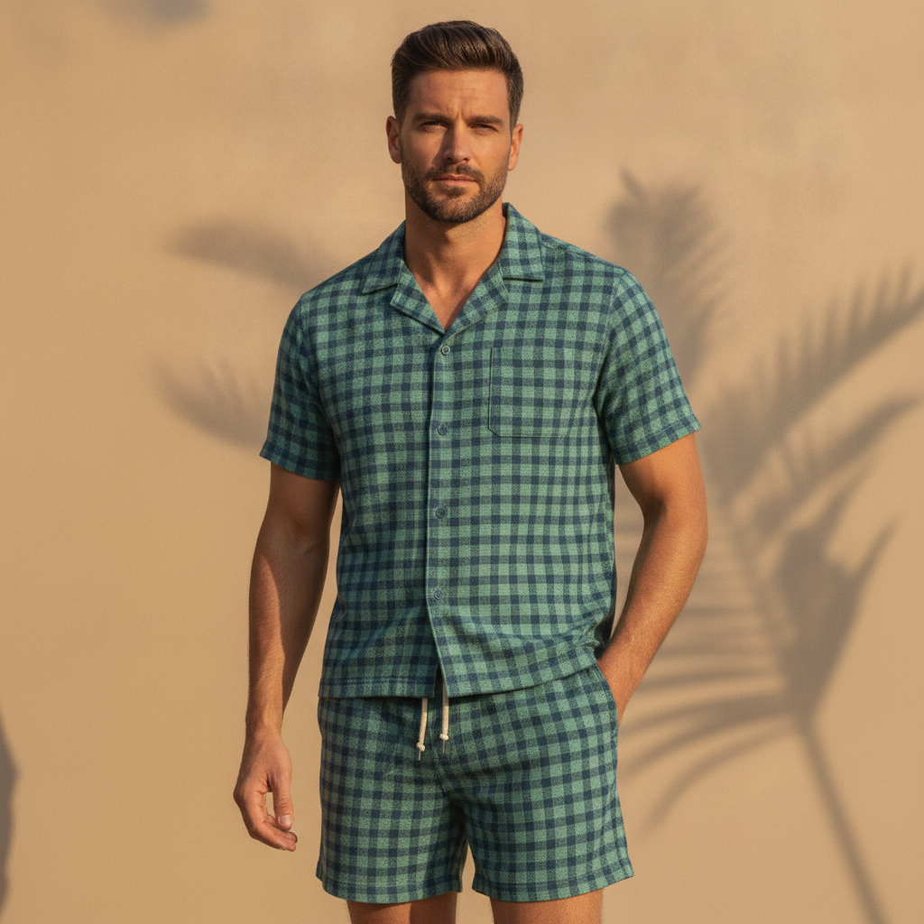 Completo Coordinato Uomo Camicia Tartan Estivo e Pantaloncini - Tartan Verde - indossato