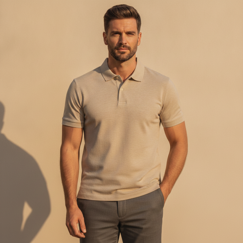 Polo Uomo in Misto Lino – Traspirante e Fresca per l'Estate - Beige Sabbia - indossato