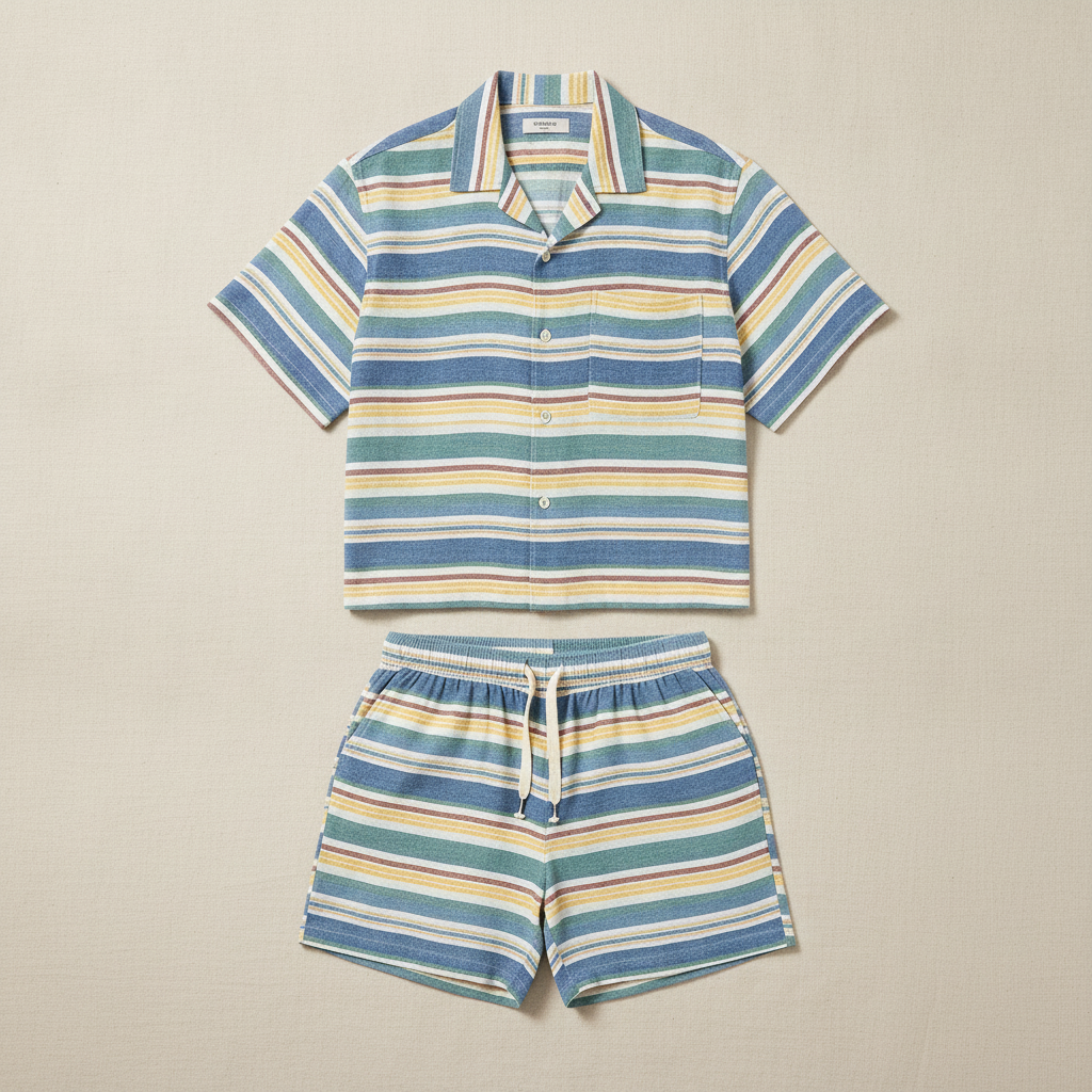 Completo Coordinato Uomo Camicia Righe Multicolor e Pantaloncini - Multicolor Terra