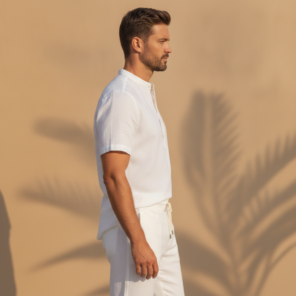 Completo Coordinato Uomo Camicia Lino e Pantaloni Lunghi - vista laterale