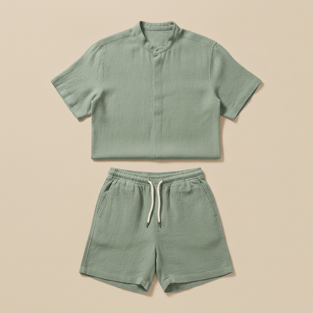 Completo Coordinato Uomo Colletto Coreana in Lino e Pantaloncini - Verde Salvia