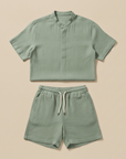 Completo Coordinato Uomo Colletto Coreana in Lino e Pantaloncini - Verde Salvia