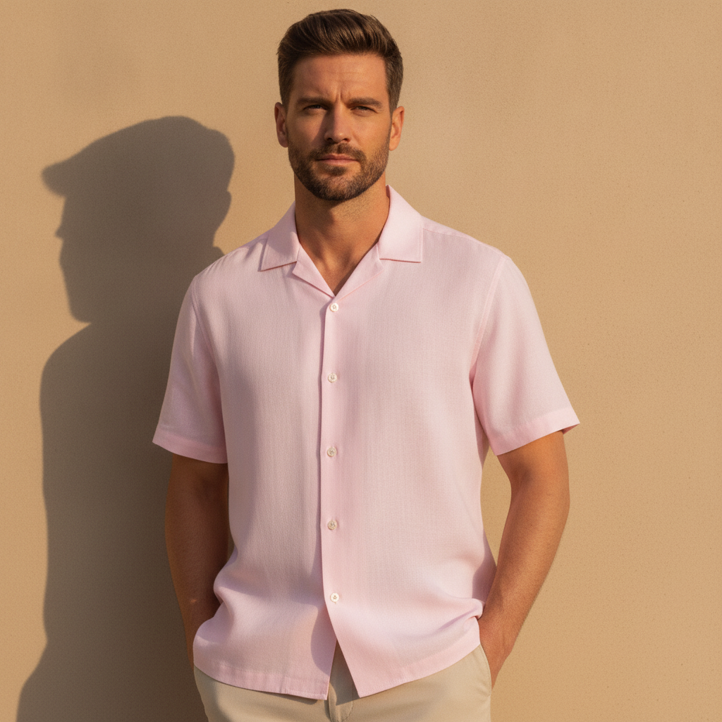 Camicia Uomo Camp Collar Tinta Pastello – Elegante e Rilassata - Rosa Cipria - indossato