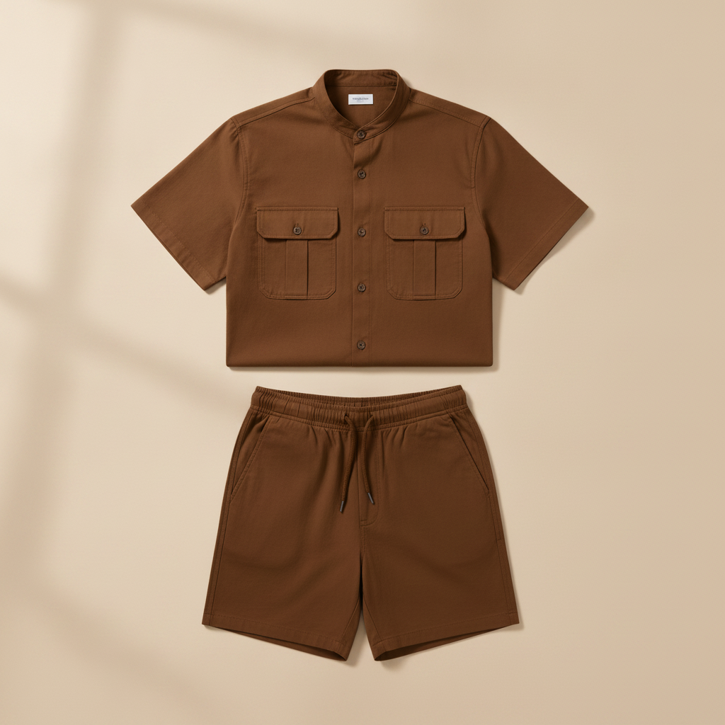 Completo Coordinato Uomo Camicia Safari Doppio Taschino e Pantaloncini - Marrone Chiaro