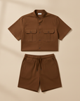 Completo Coordinato Uomo Camicia Safari Doppio Taschino e Pantaloncini - Marrone Chiaro