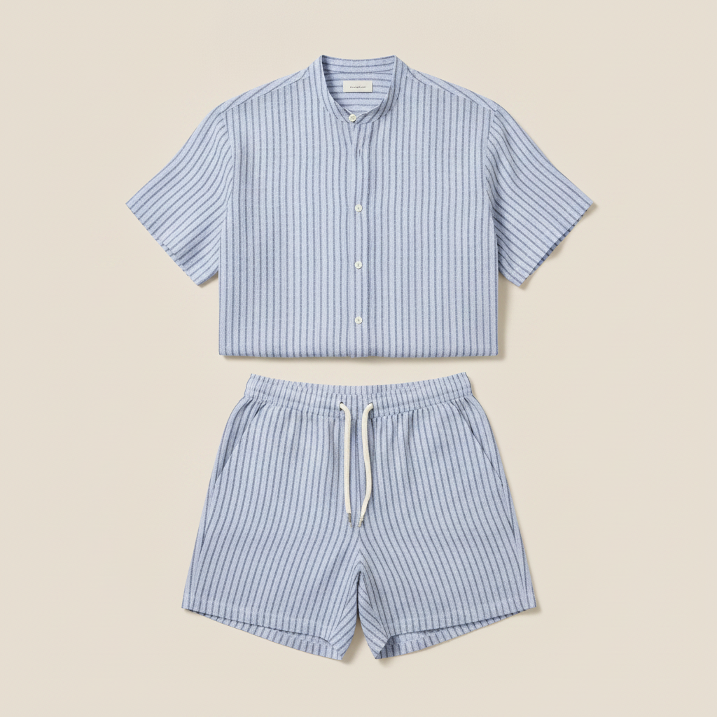 Completo Coordinato Uomo Camicia Lino Gessato e Pantaloncini - Azzurro Righe Bianche