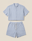 Completo Coordinato Uomo Camicia Lino Gessato e Pantaloncini - Azzurro Righe Bianche