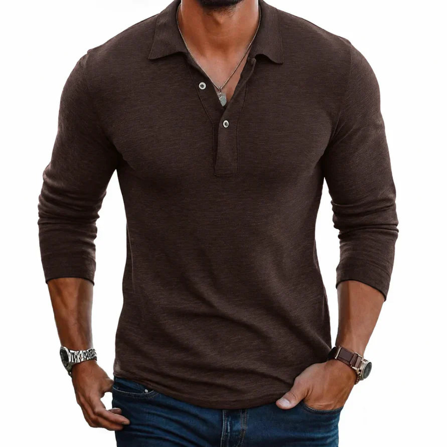 Men's Long Sleeve Polo Knit Fabric Button Placket Slim Fit