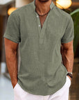 Camicia in lino da uomo Silas - Camicia estiva traspirante con collo Henley e maniche corte