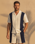 Completo Coordinato Uomo Camicia Color Block e Pantaloncini - Panna e Navy - indossato