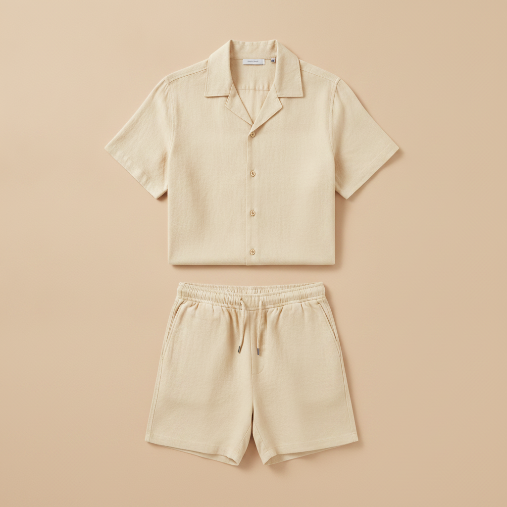 Completo Coordinato Uomo Camicia Cuban Collar Tinta Unita e Pantaloncini - Panna
