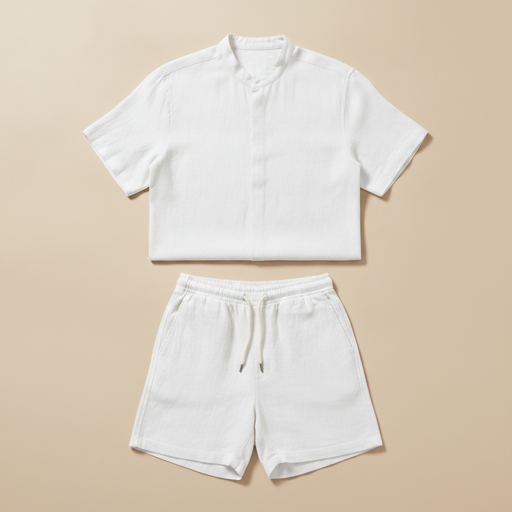 Completo Coordinato Uomo Colletto Coreana in Lino e Pantaloncini - Bianco