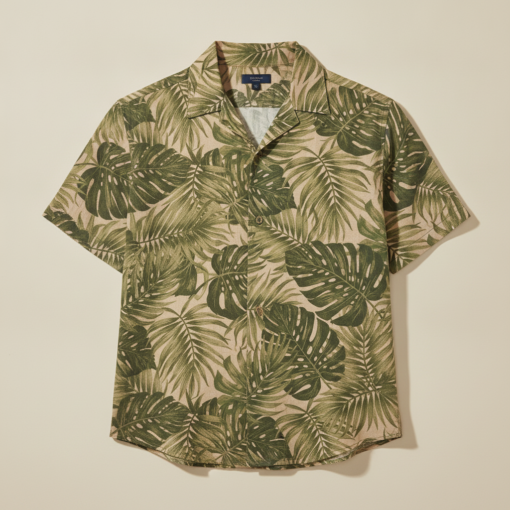 Camicia Uomo Camp Collar Fantasia Tropicale – Stile Vacanza - Palme Beige