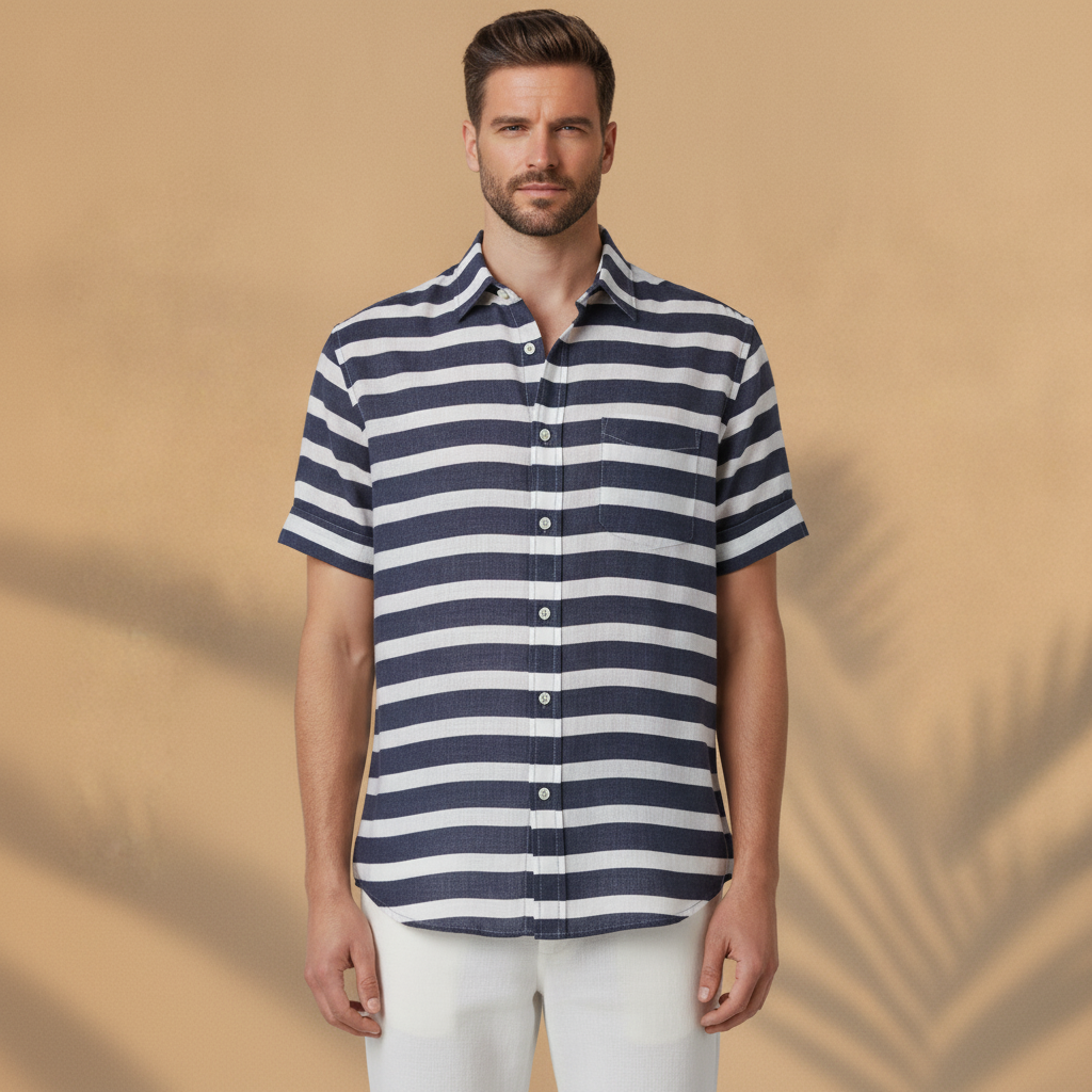 Camicia Uomo in Misto Lino a Righe – Stile Mediterraneo Fresco - Navy e Bianco - indossato
