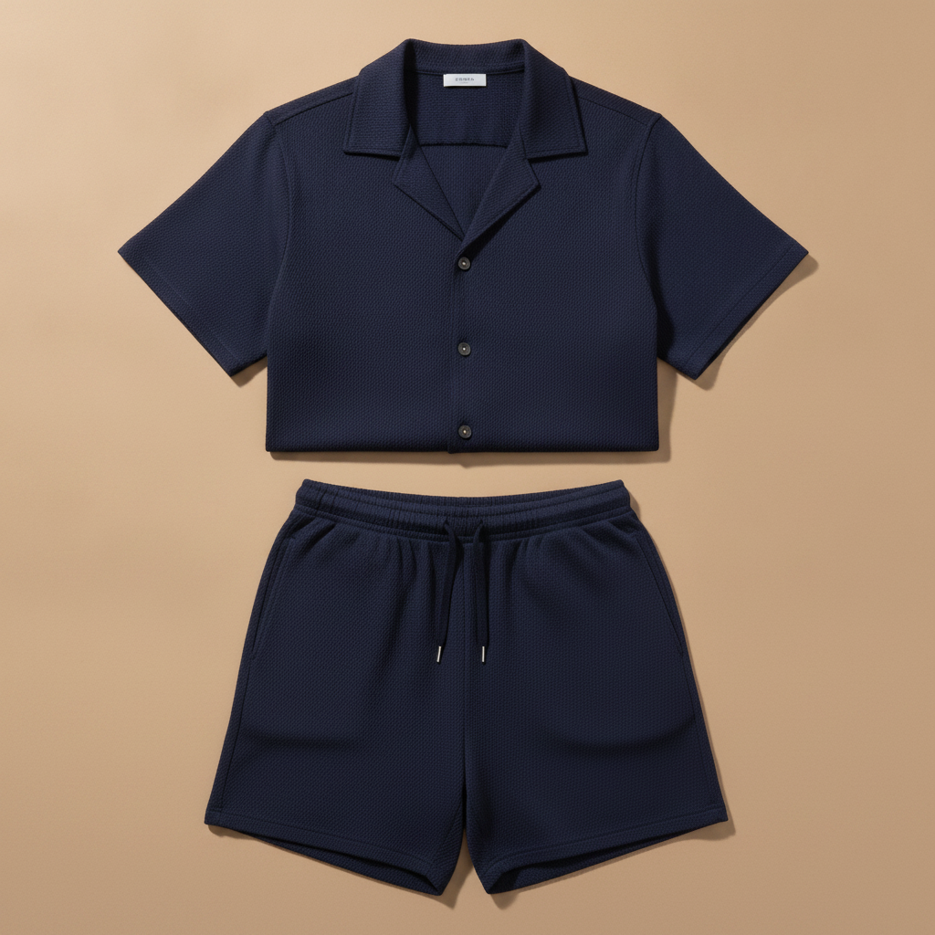 Completo Coordinato Uomo Colletto Camp – Camicia e Pantaloncini Estivi - Blu Navy
