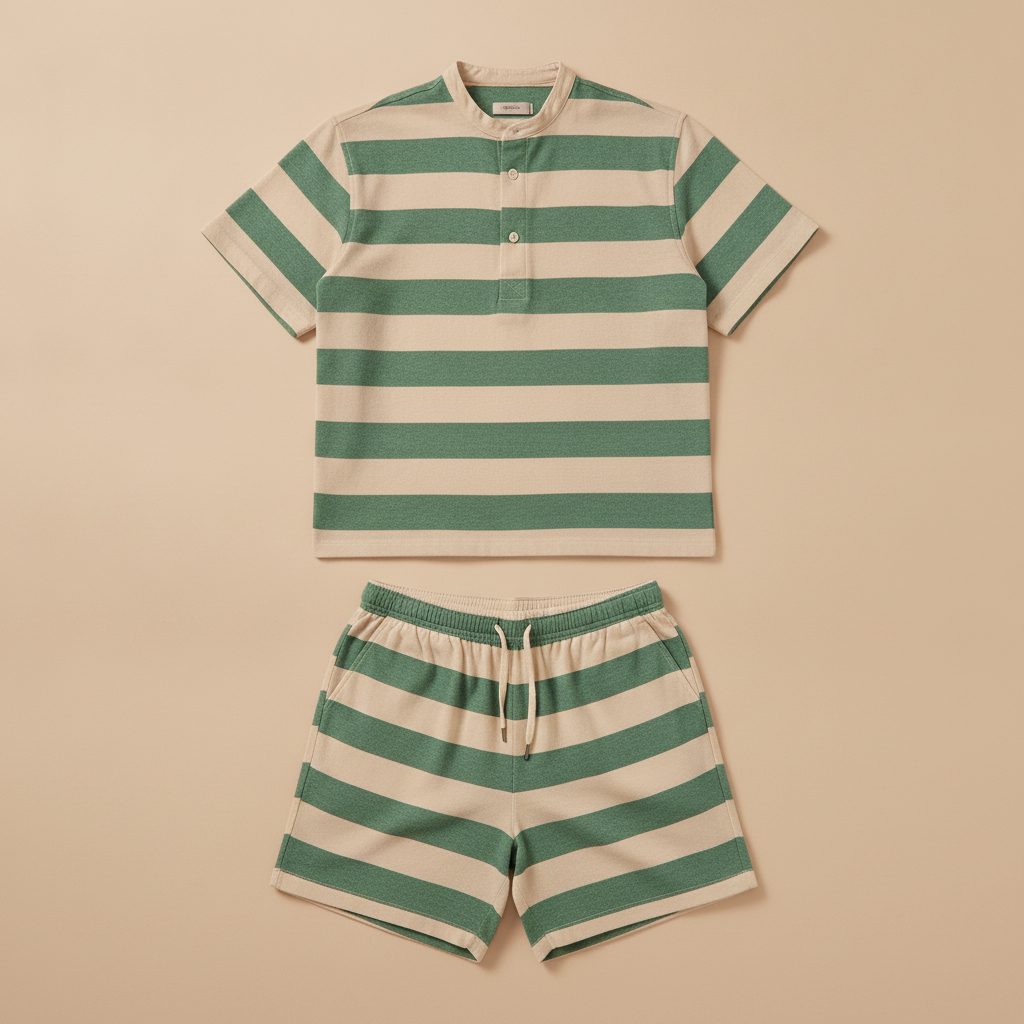 Completo Coordinato Uomo Camicia Righe Bayadère e Pantaloncini - Verde e Beige