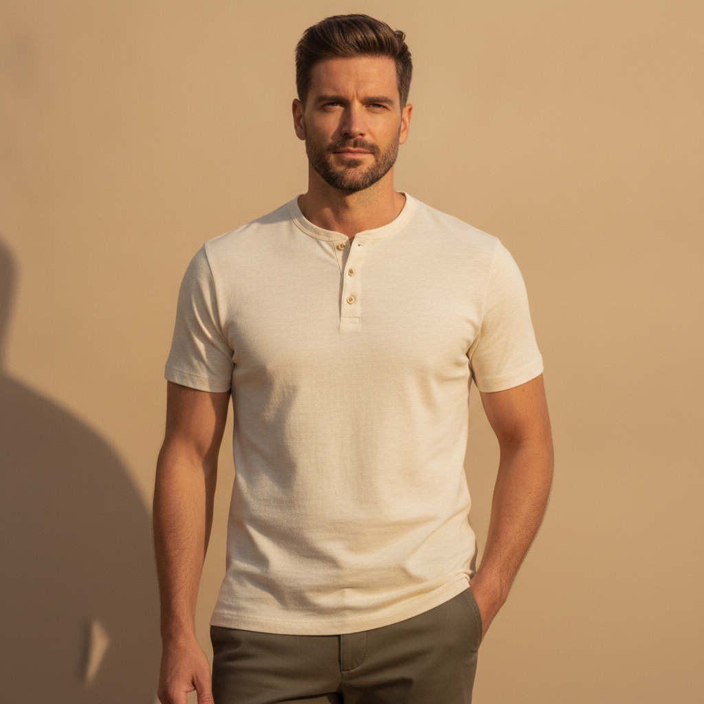 T-shirt Henley Uomo Manica Corta – Colletto con Bottoni Casual Chic - Bianco Panna - indossato