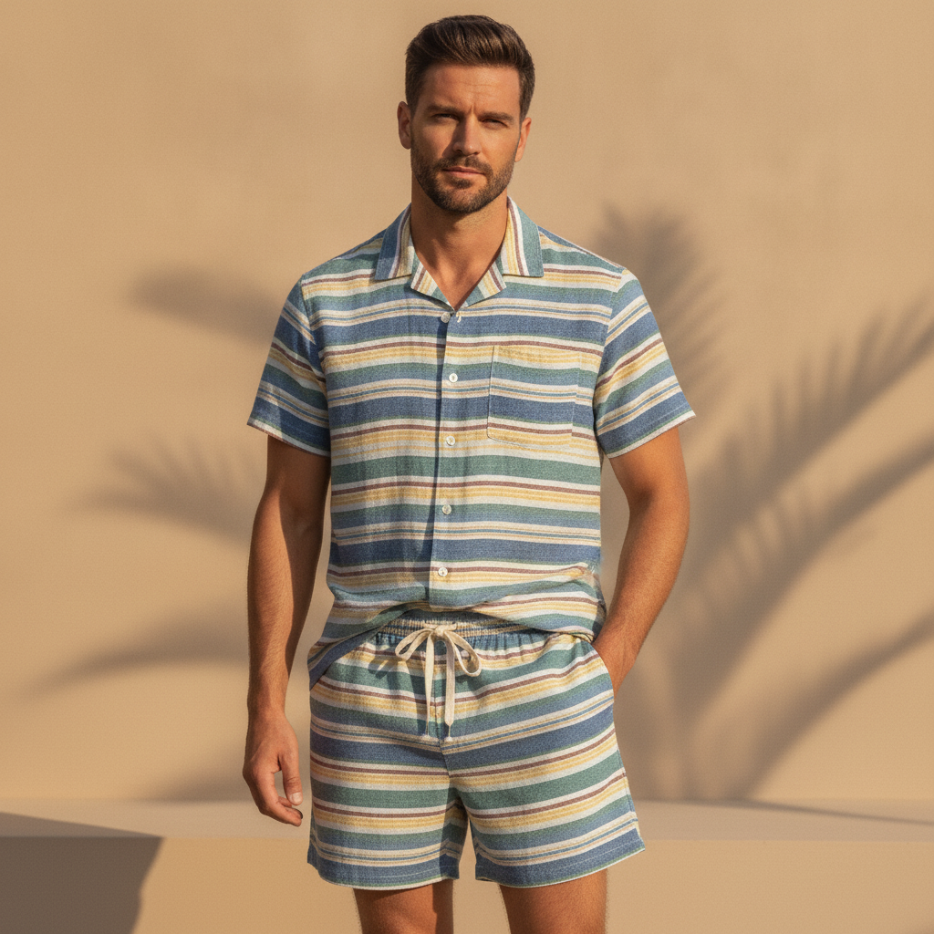 Completo Coordinato Uomo Camicia Righe Multicolor e Pantaloncini - Multicolor Vivace - indossato